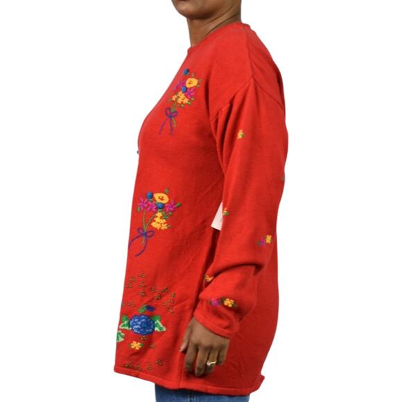 Vintage Birch Bros Eagles Eye Embroidery Sweater Red Floral Bouquet Medium Large - Picture 3 of 14